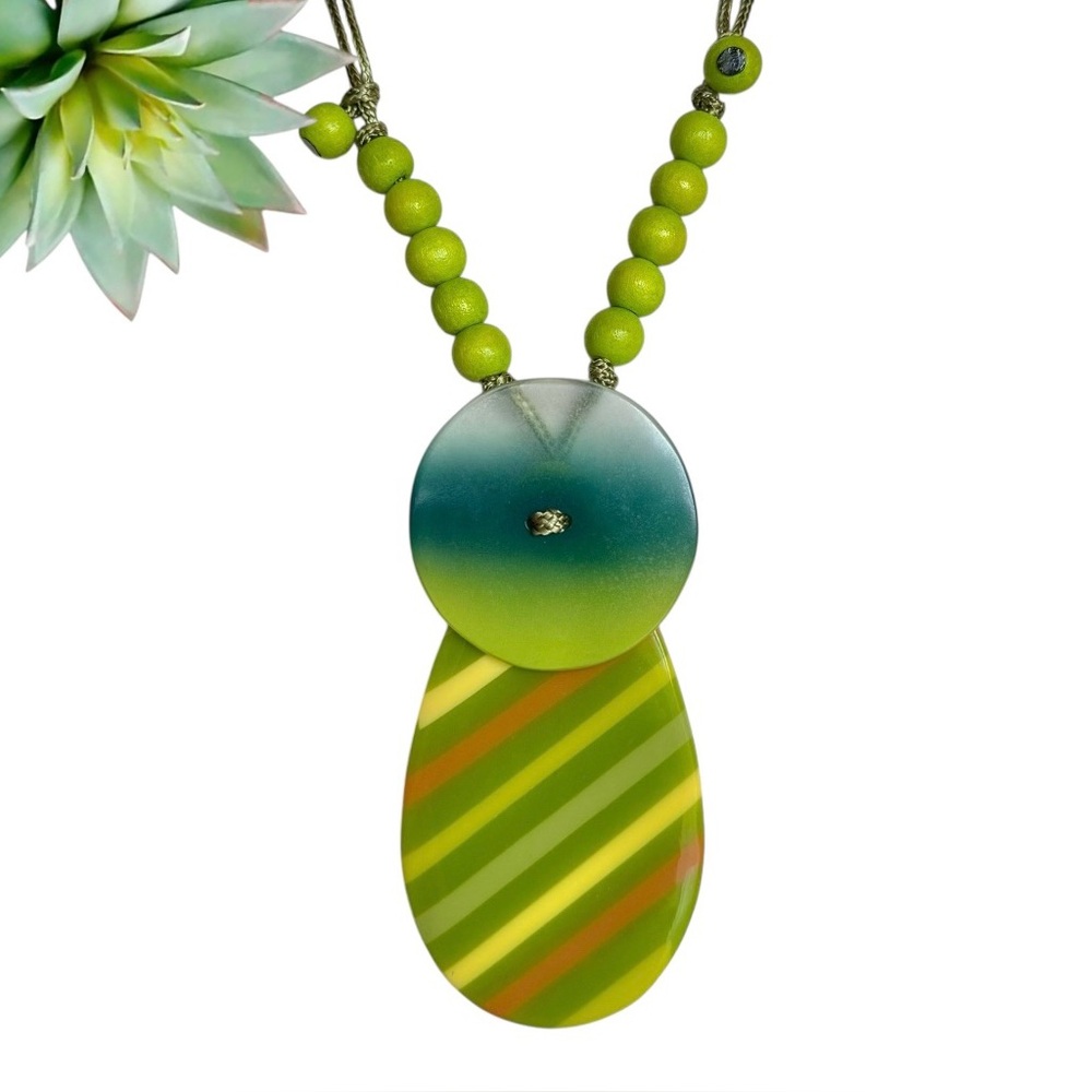 Retro Whimsical Green Orange Yellow Striped Double Pendant Statement Necklace